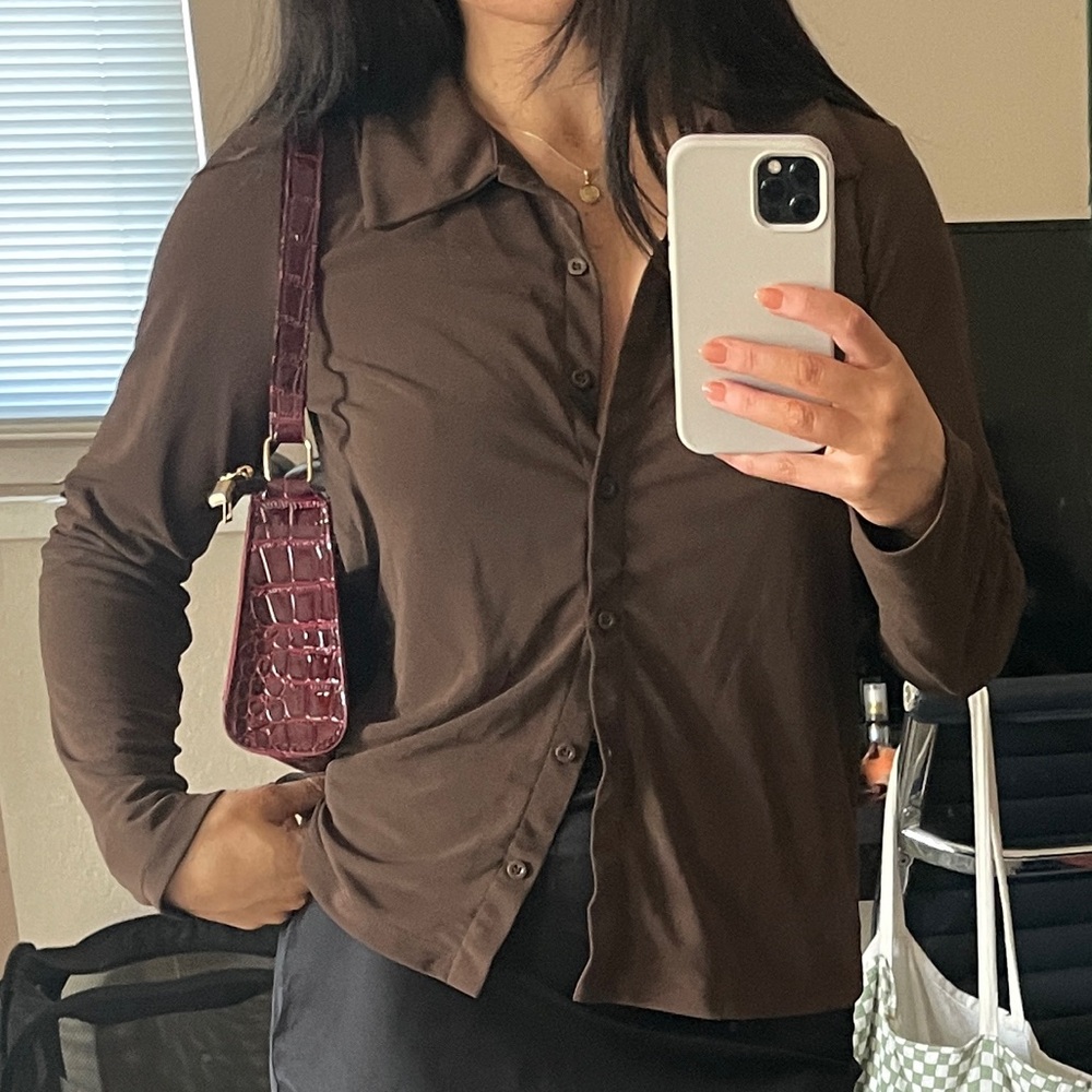 Zara Brown Button-Up Long Sleeve Top